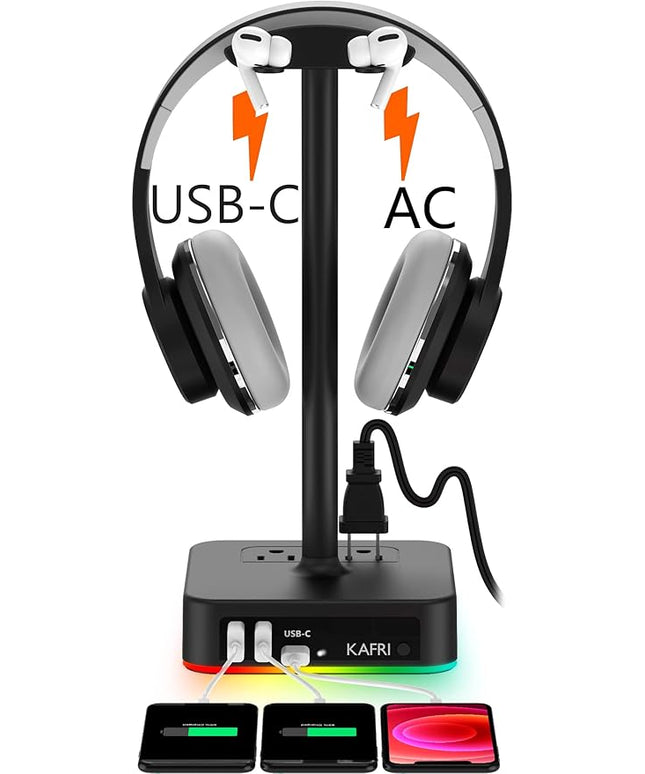 KAFRI RGB Headphone Stand with USB A&C Charger Desk Gaming Headset Holder Hanger Rack with 3 USB Charging Port and 2 Outlet - Suitable for Gamer Desktop Table Game Earphone Accessories Boyfriend Gifts