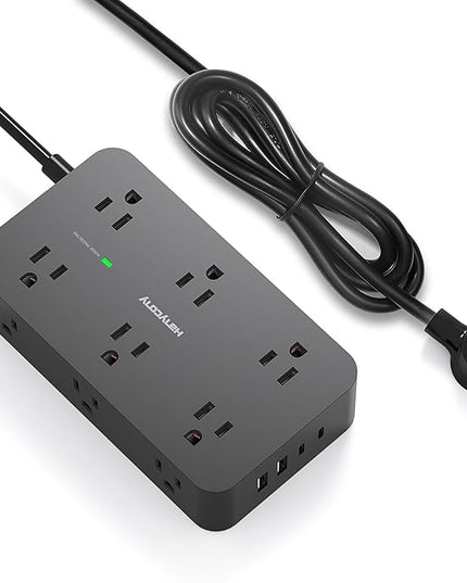 Black Flat Extension Cord 10 Ft, HANYCONY Power Strip Surge Protector with 12 Outlets 4 USB Ports(2 USB C), 1800J, Wall Mount, Desk Charging Station for Office Home College Dorm Room Essentials