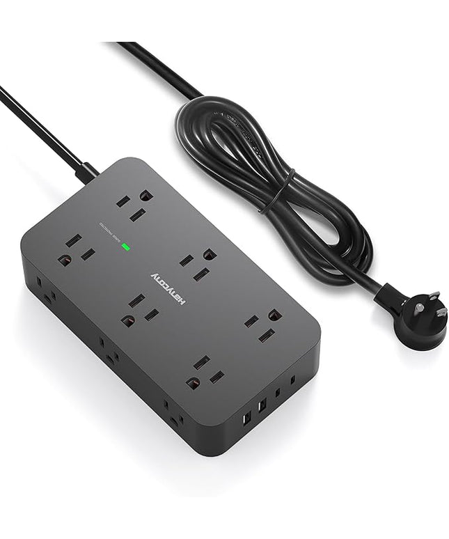 Black Flat Extension Cord 10 Ft, HANYCONY Power Strip Surge Protector with 12 Outlets 4 USB Ports(2 USB C), 1800J, Wall Mount, Desk Charging Station for Office Home College Dorm Room Essentials