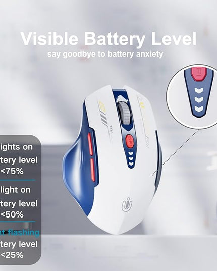 Uineer Bluetooth Mouse,[Upgraded] Multi-Device Wireless Mouse Rechargeable,Visible Battery Level,Tri-Mode (BT 5.0/4.0+2.4G Hz), 4 Adjustable DPI,Coldless Mice for Laptop and PC,Bluewhite