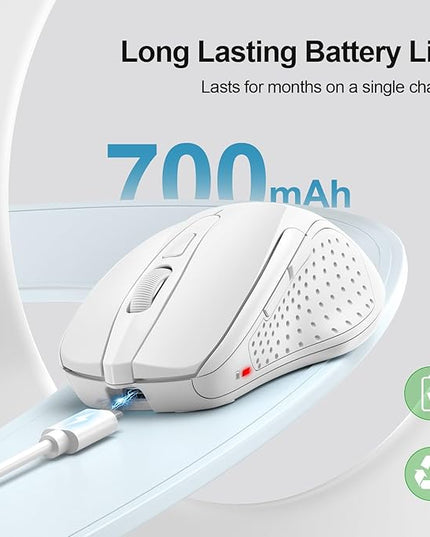 TECKNET Wireless Mouse (BT5.0/3.0 & 2.4G) Rechargeable 4800 DPI Silent USB A & Bluetooth Mouse 6 Buttons, Wide Compatibility - White