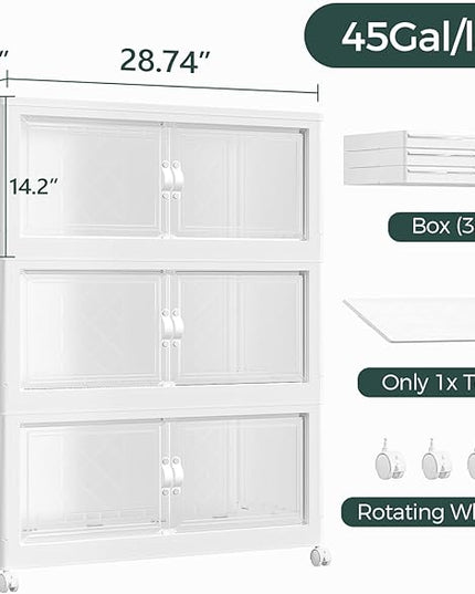 540QT Extra Large Stackable Storage Bins with Lid, 135Gal Collapsible Storage Box with Wheels and Doors, Plastic Closet Organizers and Storage Cabinet for Home Kitchen Office Dorm, 3Pack White