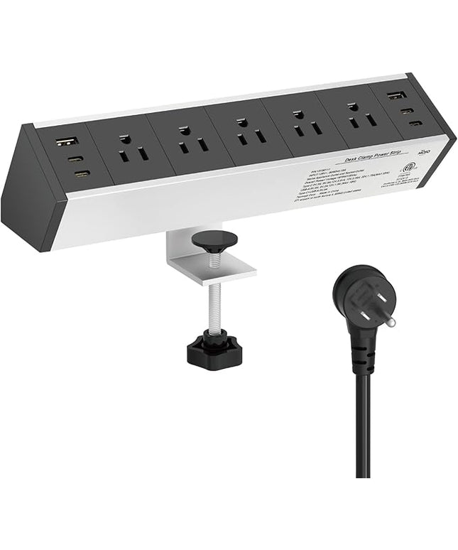 Tecmojo Desk Clamp Power Strip 5 Outlet with 2 USB A and 4 USB C Ports, 6 ft Cord, Desk Outlet Station Fit 1.6" Tabletop Edge,Over Loading Protection,ETL Listed,Black