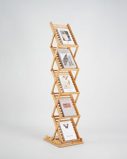 Foldable Bamboo Magazine Rack - Pop-up Display Stand, 5 Pockets Floor Magazine Holder/Rack, Show Rack for Trade Show Display Booth, A4 Size