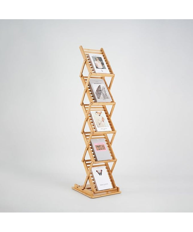 Foldable Bamboo Magazine Rack - Pop-up Display Stand, 5 Pockets Floor Magazine Holder/Rack, Show Rack for Trade Show Display Booth, A4 Size