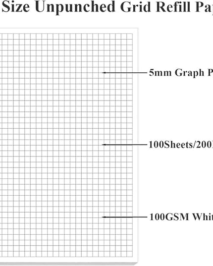 A5 Unpunched Grid Refill Paper - Graph Paper for Ring Binder/Discbound Notebook Planner Inserts, 100 Sheets/200 Pags Grid Paper, 100gsm White Pages, 5.8" x 8.3 "