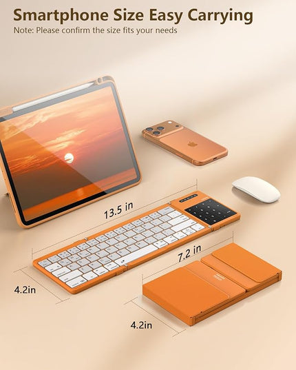 Nillkin Foldable Bluetooth Keyboard with Touchpad & Number Pad, Portable Bluetooth Keyboard with Full Size Keys, Pocket-Sized Wireless Travel Keyboards for iPad, Smartphone, Tablet and Laptop Orange