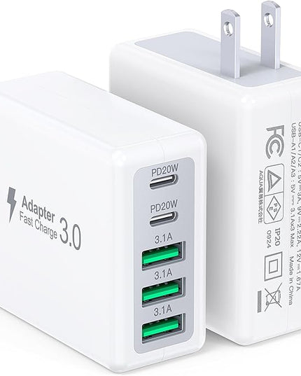 [2-Pack] 50W USB C Wall Charger Block,5-Port Type C Fast Charging Brick Cube Dual PD Power Adapter&QC Multiport Wall Plug Adapter for iPhone 16 15 Pro Max,AirPods 4,iPad,Samsung,Watch10,Ultra2