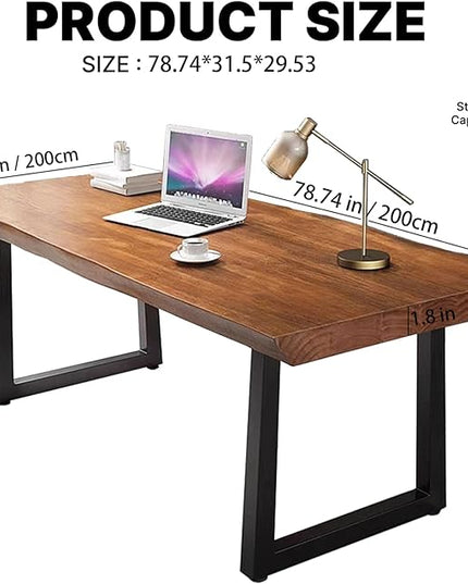 Modern Minimalist Solid Wood Office Desk with Metal Base Easy to Assemble Durable Writing Table Dining Table Computer Desk Multiple Ideal for Living Room and Dining Room (78.7inch)