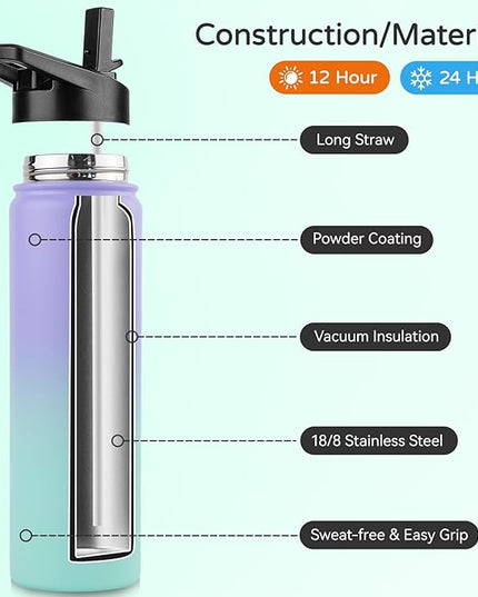 DOMICARE Insulated Water Bottle, 22 oz Vacuum Insulated Stainless Steel Reusable Sports Bottle with Straw Lid & Spout Lid for Travel, Camping, Bike, Leakproof, Purple/Green, 1 Pack
