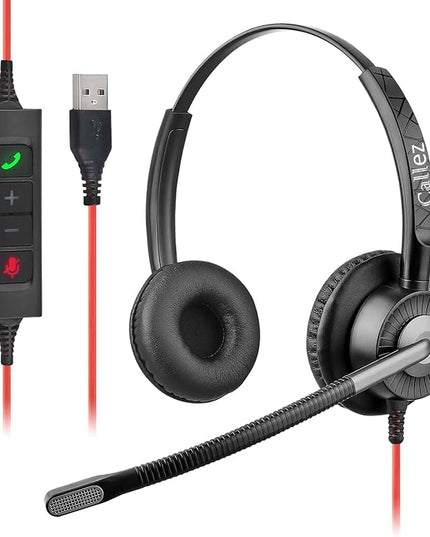 Callez Wired USB Headset with ENC Dual Noise Cancelling Mics, On-Ear Computer Headset for PC Laptop, Professional Work Headphones for Home Office Teams Skype Zoom Call Center, MS Teams Call Control
