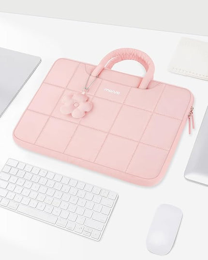 MOSISO Laptop Case 13.3 inch, 13-14 inch Puffy Laptop Sleeve Compatible with MacBook Air 13 13.6/Pro 13/Pro 14,HP Acer Dell ASUS Lenovo, Rectangle Quilted Computer Bag with Handle&Flower Pendant, Pink