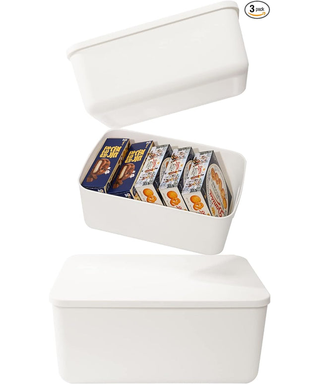 Plastic Storage Baskets Bins Boxes With Lids,Organizing Container White Storage Organizer Bins For Shelves Drawers Desktop Playroom Classroom Office,3-Pack(M+2S)