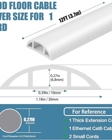 Floor Cord Covers for Wires 12FT Cable Hider Wire Cover Self Adhesive Cord Hider Floor for Offices, Homes, Workshops, Warehouses Cable Cavity 0.39" W x 0.27" H