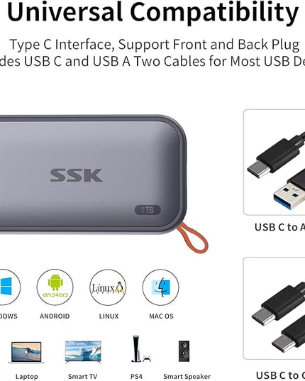 SSK Portable SSD 1TB External Solid State Drives, up to 1050MB/s USB C SSD External Hard Drive USB 3.2 Gen2 for iPhone 15/Pro, Windows, Mac, Android Phones and Tablets