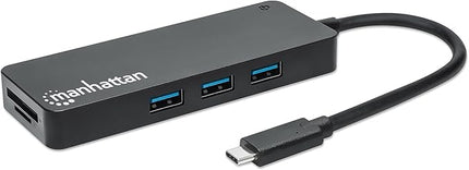 MANHATTAN USB-C Dock/Hub with Card Reader, 3x USB-A 3.2 Gen1, SD/MicroSD/MMC/USB Flash Drive Support, Black, Three Year Warranty