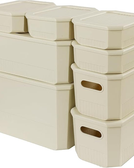 ANMINY 8PCS Plastic Storage Bins Containers with Lids, Large Storage Organization Bins Boxes, Lidded Plastic Storage Baskets for Closet Shelves Drawers Desktop Home Office, Ivory