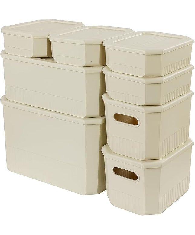 ANMINY 8PCS Plastic Storage Bins Containers with Lids, Large Storage Organization Bins Boxes, Lidded Plastic Storage Baskets for Closet Shelves Drawers Desktop Home Office, Ivory