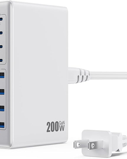 200W USB C Charger Block,GaN IV Charging Station 8 Ports,QC4.0 Fast Charging Station Hub+PD 65W USB C Laptop Charger Adapter Compatible with MacBook Air/Pro,DELL,iPhone 17/16/15,iPad,Steam Deck-White