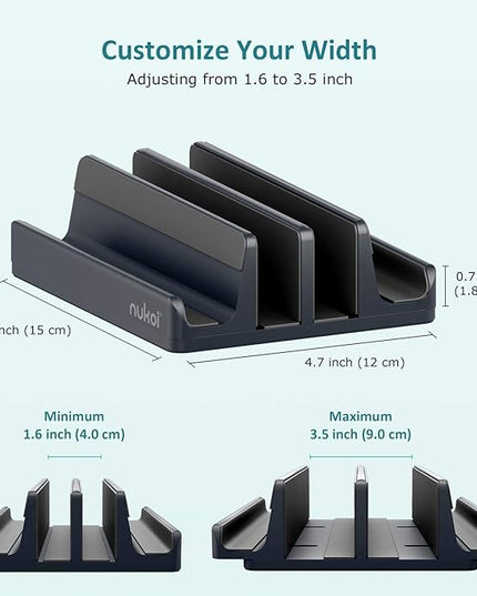 Vertical Laptop Stand - SPACEMax Adjustable GRIPLock Anti-Tip Silicone 4 Slots Aluminum Desktop Holder - Double Dock Stand - 2 Phone Slots Fits Up to 17.3” Laptops, Tablets, Phones - Gray
