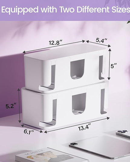 Delamu 2 Pack Cable Management Box, Stylish Cable Organizers for Cords, Pet & Child-Proof ABS Cord Hider Box, Medium and Small Cable Box for Computer Router Box Hider USB Hub, Floor Cord Covers, White