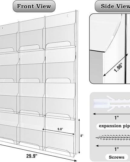 Nalwort Acrylic Brochure Pamphlet Holder, 12 Magazine Holders, Clear Brochure Display Stand Wall Mount, Trifold Flyer Rack, Literature Storage Rack for Home, Offices, Waiting Room