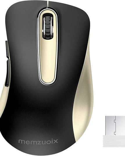 memzuoix 2.4G Wireless Mouse, 1400 DPI Computer Mice with USB Receiver, Portable Wireless USB Battery Powered Cordless Mouse for Laptop, PC, Desktop, 5 Buttons (Black Gold)