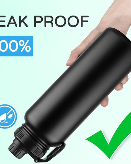 DOMICARE 40 oz Insulated Water Bottle Bulk, Vacuum Insulated Stainless Steel Sports Water Bottle with Straw Lid & Spout Lid, Leakproof, Reusable - Travel, Camping, Bike, Black (4 Pack)