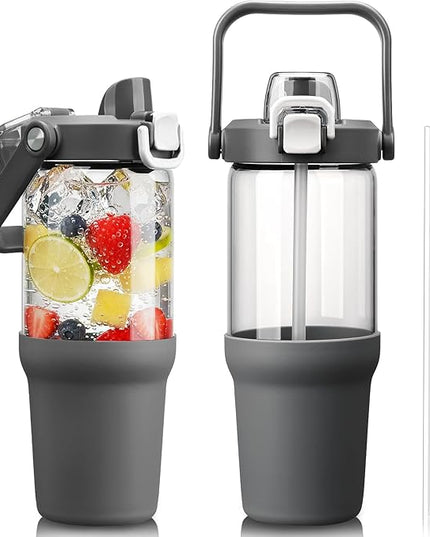 Glass Tumbler with Carry Handle, Clear Glass Water Bottle with Leakproof Lid, Spout Lid&Straw, BPA-Free, 32 oz, Grey