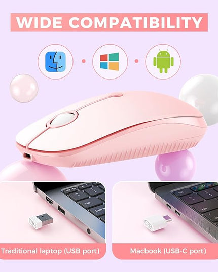 VssoPlor Type C Wireless Mouse, USB C MacBook Wireless Mouse Dual Mode 2.4G Cordless Mice with Nano USB and Type C Receiver Compatible with PC, Laptop, MacBook, ipad-Gradient Pink