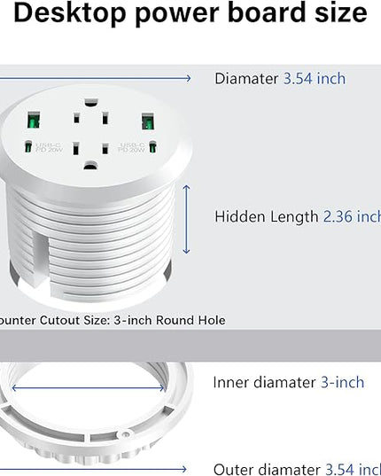 Desktop Power Grommet 3-inch Hole,40W Total Fast Charging Station, 2 PD 20W USB C Port,Flush-Mount Recessed Power Strip, 2 AC Outlets,4 USB Ports,in to The Top of Your Desk,6ft Cord