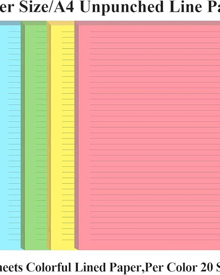 Unpunched Colorful Lined Paper - 100 Sheets/200 Pages Loose Leaf Paper Line Refills, Per Color 20 Sheets, 8.5" x 11"