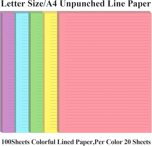 Unpunched Colorful Lined Paper - 100 Sheets/200 Pages Loose Leaf Paper Line Refills, Per Color 20 Sheets, 8.5" x 11"