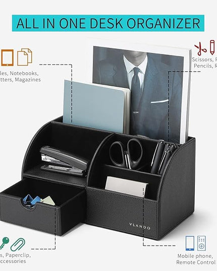 Vlando Office Desk Organizer Leather Desktop Organizer Caddy with Drawer for Storing Desktop Supplies and Accessories (Black Set)