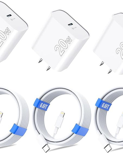 for iPhone 14 13 12 11 Charger Fast Charging [MFi Certified], 3-Pack 20W PD USB C Wall Charger Block with 6.6ft USB C to Lightning Cable Compatible with iPhone 14 Pro Max/Pro/Plus/Mini/iPad & More