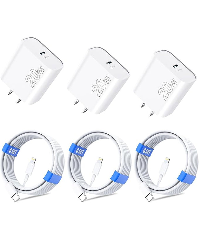 for iPhone 14 13 12 11 Charger Fast Charging [MFi Certified], 3-Pack 20W PD USB C Wall Charger Block with 6.6ft USB C to Lightning Cable Compatible with iPhone 14 Pro Max/Pro/Plus/Mini/iPad & More
