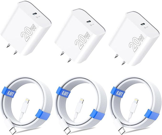 for iPhone 14 13 12 11 Charger Fast Charging [MFi Certified], 3-Pack 20W PD USB C Wall Charger Block with 6.6ft USB C to Lightning Cable Compatible with iPhone 14 Pro Max/Pro/Plus/Mini/iPad & More