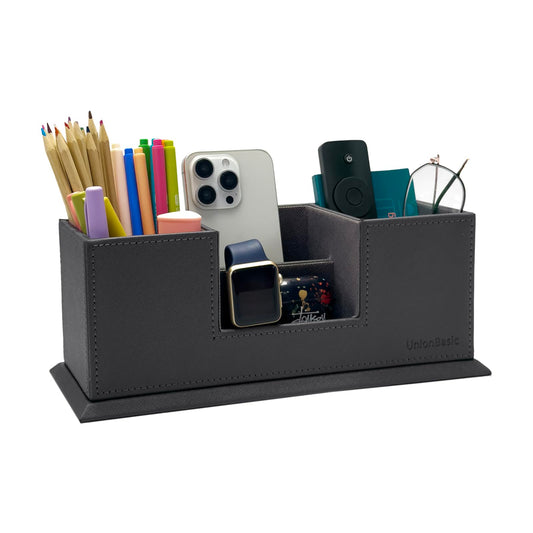 UnionBasic Desk Organizer, Caddy Leather Multi-compartment Pen Holder, Gray