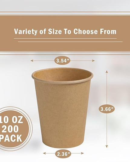 Lamosi 200 Pack 10 oz Kraft Paper Cups, Brown Disposable Paper Coffee Cups, Unbleached Cups for Hot/Cold Beverage Party Home Office