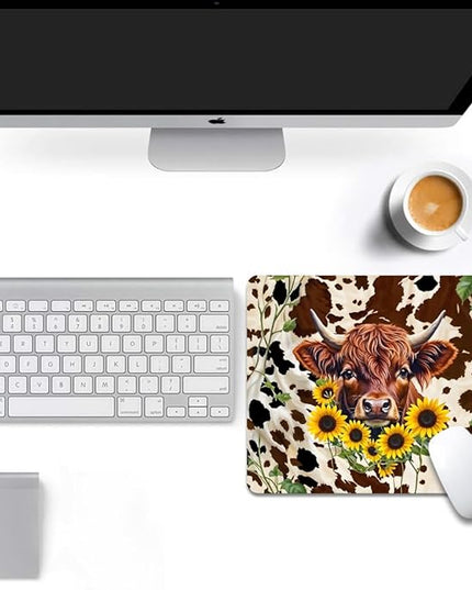 Western Highland Cow Sunflowers and Cowhide Brown Square Mouse pad, Texture, Waterproof, Anti Slip Rubber Base, Computer Mouse pad