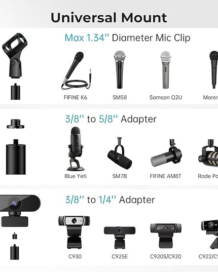 Desktop Microphone Stand with 180° Mic Clip, Height Adjustable Table Mic Stand with Metal 5/8" and 1/4'' Screw Adapter for Blue Yeti, Snowball Spark & Other Microphone Device