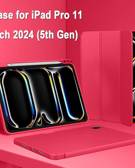 ZryXal iPad Pro 11 Inch Case (M5) 2025/ (M4) 2024 (Model: A2836/A2837/A3006), Trifold Stand Smart Cover with Pencil Holder and Soft TPU Back, Auto Wake/Sleep (Red)