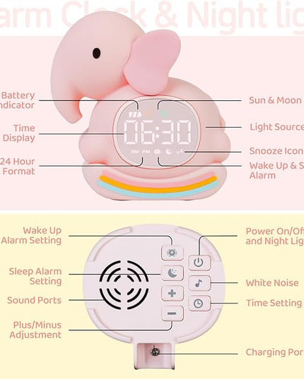 Alarm Clock for Kids with Night Light, Sleep Training Clock Time to Wake Clock, Rechargeable Silicone Light for Bedroom, Perfect Sleep Companion for Boys Girls, Pink Elephant