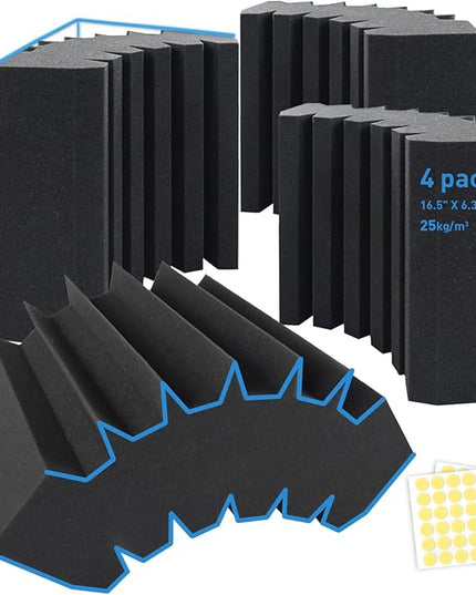 4 Pack Curved Bass Traps Corner Acoustic Foam, Large Size 16.5" X 6.3" X 12" Sound Absorbing Corner Bass Traps for Studio and Home Theater Low Frequency