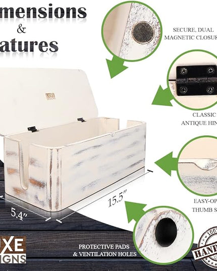 Rustic Cable Management Box & Cord Organizer- Cable Organizer for Desk, Home, Office. Hides Wires, Surge Protectors, Power Strips. Eco Friendly Mango Wood Cord Management Solution (Rustic White)
