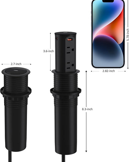 Pop up Outlet for Countertop,65W USB C Fast Charging Port,2.5-inch Hole Desktop Power Grommet,Recessed Power Strip,4 Outlets 4 USB Ports,15Amp Tamper Resistant Receptacle，ETL Listed (Black)