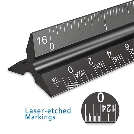 Rena Chris 2PCS Architectural Scale Ruler: 12" Imperial Aluminum Triangular Scale Ruler, Laser-Etched Architecture Ruler, Drafting & Architect Ruler for Architects, Students, Draftsman(Black)