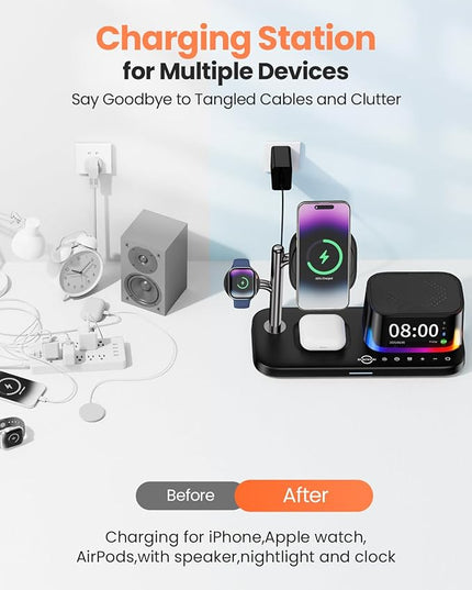 6-in-1 Wireless Charging Station for Multiple Apple Devices with Bluetooth Speakers Alarm Clock Night Light, Qi2.2 Phone Charger Stand for iPhone 17/16/15/14/13/12 Pro Max Apple Watch Airpods