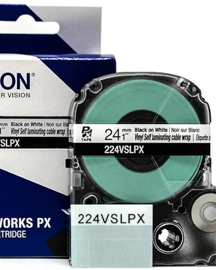 Epson LABELWORKS 224VSLPX Genuine Tape Cartridge - Black on White Flexible and Durable Vinyl Self Laminating Overwrap Industrial Label Maker Tape - 1" (24MM) Wide, 26.2 ft