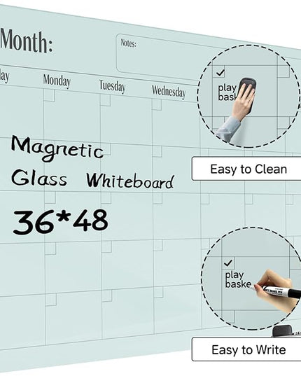 Magnetic Glass Dry Erase Board Calendar- White Board 48 x 36 Inch Wall Mounted Glass Monthly Whiteboard, Large Frameless Glass White Board for Wall Office, Home & School